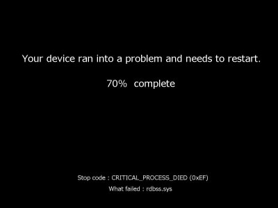 Your device ran into a problem and needs to restartの画面