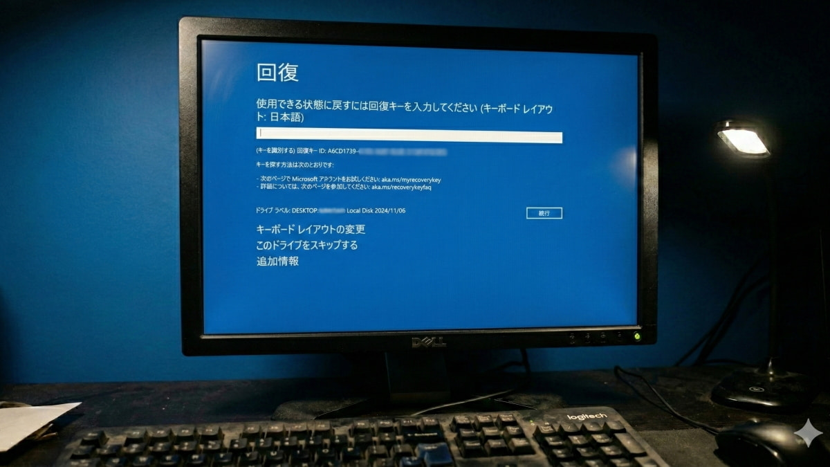モニターにbitlockerの回復キーの入力を求めている画面が表示されている
