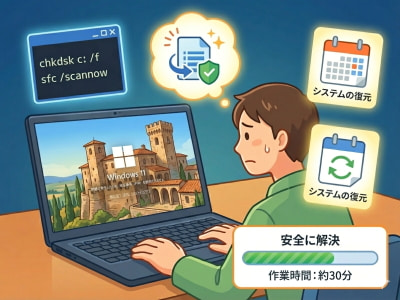 問題が発生したため、暗証番号（PIN）を使用できません。画面の周りに解決方法が浮かび上がり、初心者の方がこれから修復しようとしているイラストです