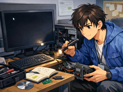 若い男性エンジニアがデスクトップパソコンを修理しているイラスト