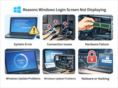 Windowsパソコンのログイン画面が出ない5つの原因をイメージしたイラスト