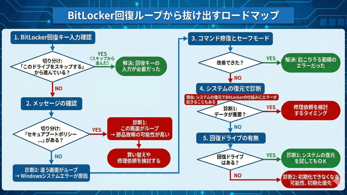 BitLocker回復ループをデータを消さずに修復するフローチャート