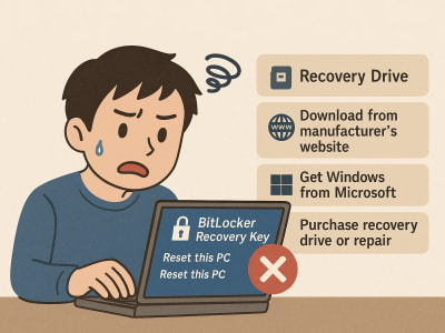 BitLocker回復キーが見つからず、Windows11の初期化すらできないノートパソコンを前に奮闘している青年のイラスト