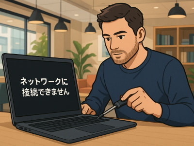 「ネットワークに接続できませんでした」画面が表示されたノートパソコンをエンジニアが修復しようとしているイラスト
